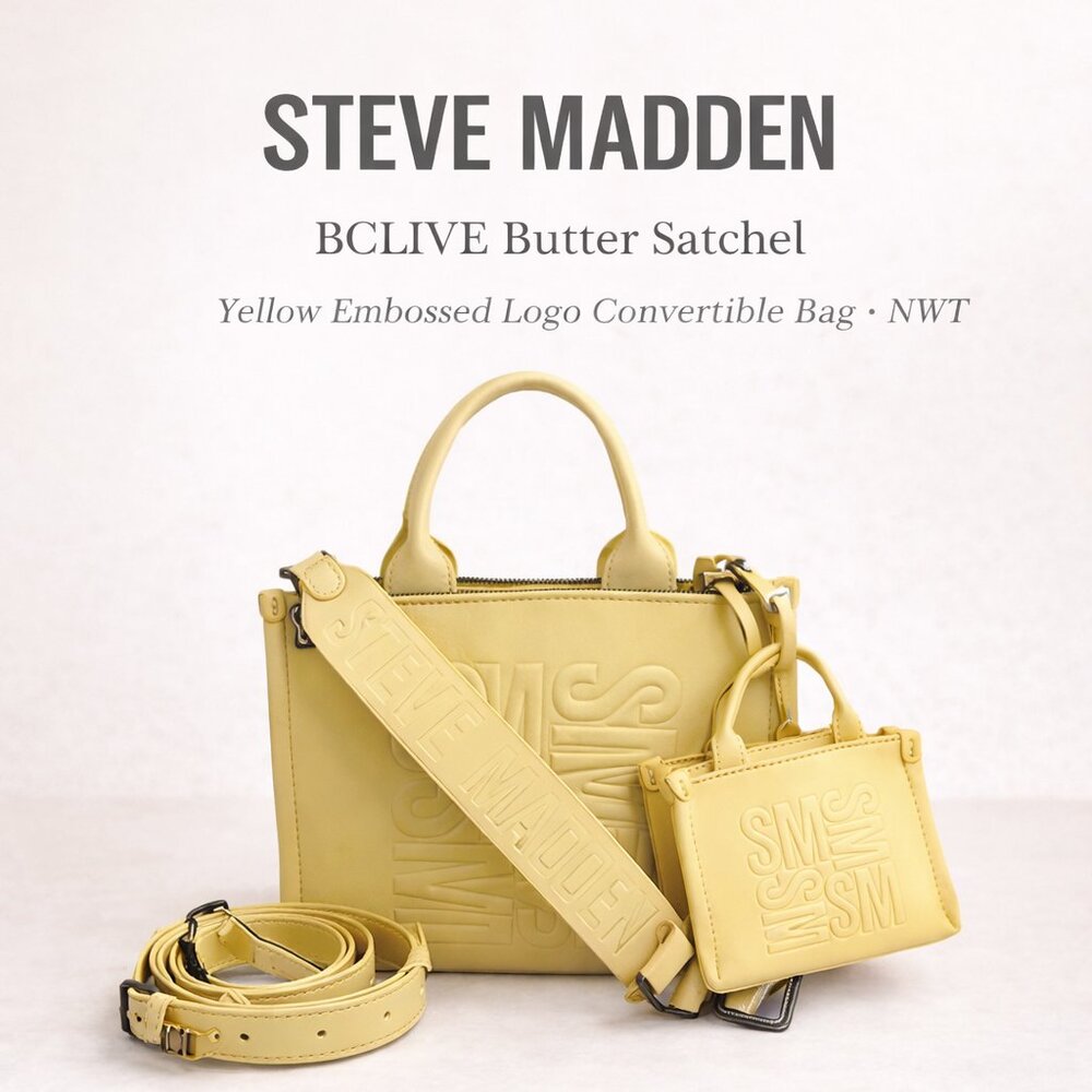 NWT Steve Madden BCLIVE Butter Satchel Yellow Embossed Logo Convertible Bag